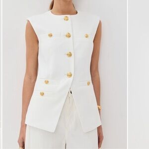 Veronica Beard Tamara Linen Vest Off White Ivory Single Breasted Split Hem Vest
